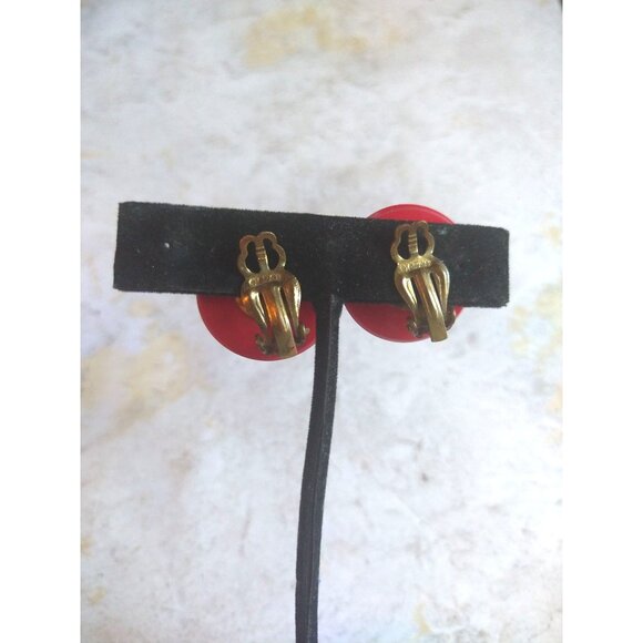 Vintage Japan Red Circle Clip On Earrings Estate Jewelry - Picture 5 of 6